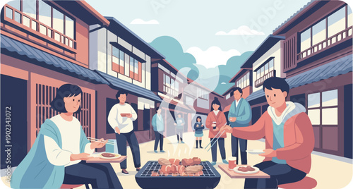 People enjoying a barbecue in a traditional street