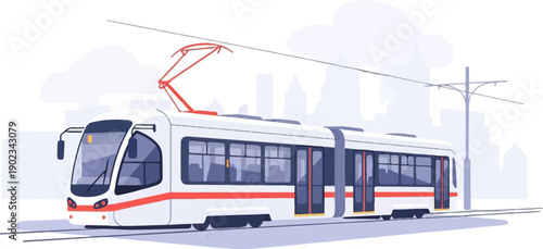 Modern white tram with red accents travels on tracks past city skyline silhouettes