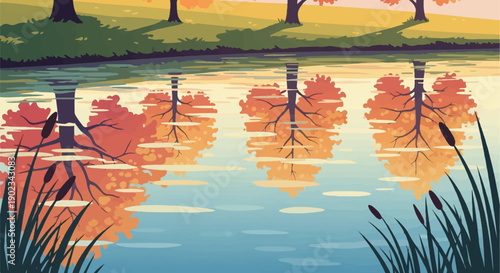 Peaceful autumn scene with trees reflected in calm water