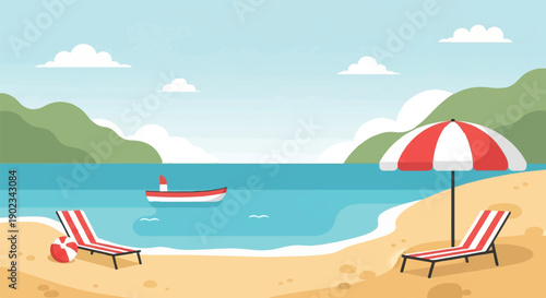 Peaceful beach scene with a boat, umbrella, and lounge chairs