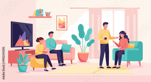 People in a cozy living room with a TV, sofa, and plants