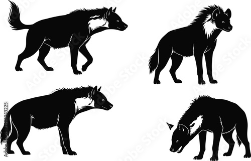Collection of four hyena silhouettes in various wild poses, scavengers and predators of the african savanna, wildlife animal nature icons,