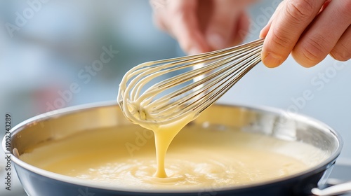 A person is stirring a pot of yellow liquid with a whisk