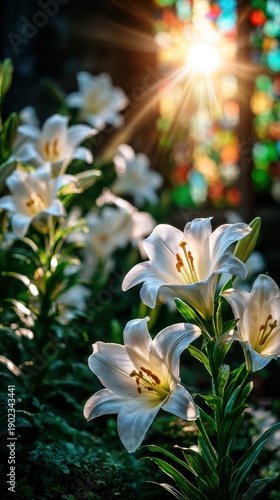 White Lilies Bathed In Golden Sunlight Near Stained Glass Window