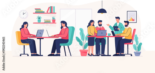 Modern office meeting with people collaborating on laptops and discussions