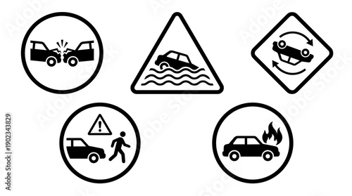 Set of black and white vector icons representing various road traffic accidents including crashes drowning flipping cars and fire emergencies