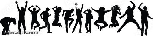 Large group of diverse people silhouettes jumping and dancing together, energetic crowd celebrating success and freedom, joyful youth party concept,