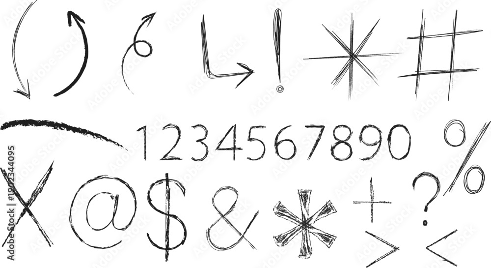 Obraz premium hand drawn symbols numbers sketch arrows marks typography doodle vector set