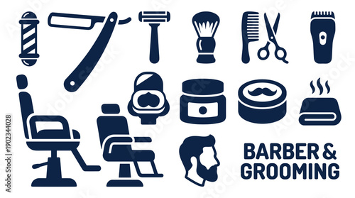 Collection of professional barber shop and male grooming icons including straight razor scissors hair clipper chair and shaving brush symbols