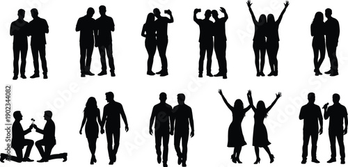 Collection of romantic couple silhouettes, diverse pairs walking, dancing, proposing, and taking selfies, social interactions and relationship concept, isolated on white.