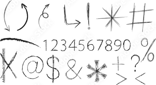 hand drawn symbols numbers sketch arrows marks typography doodle vector set