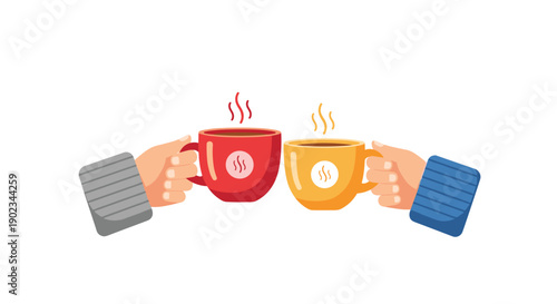 Two Hands Clinking Coffee Mugs Together for a Celebration or Toast During a Work Break or Social Meeting.