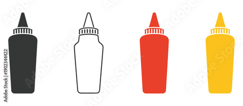 Sauce Bottles Representing Ketchup and Mustard, Colored Flat Design, Isolated on White Background for Culinary