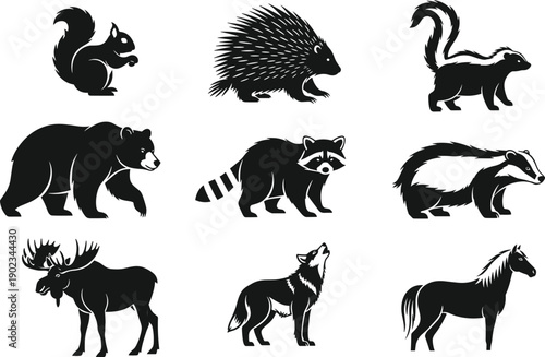 WebCollection of nine wild animal silhouettes including bear wolf moose raccoon squirrel and horse, forest wildlife nature icons isolated on white,