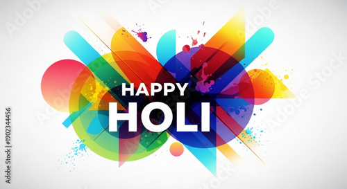 Vibrant holi celebration background with colorful paint splatters and happy holi text