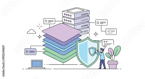 Data security and protection concept illustration. Cybersecurity, network privacy, and server safeguarding with a shield. Modern flat line art vector.