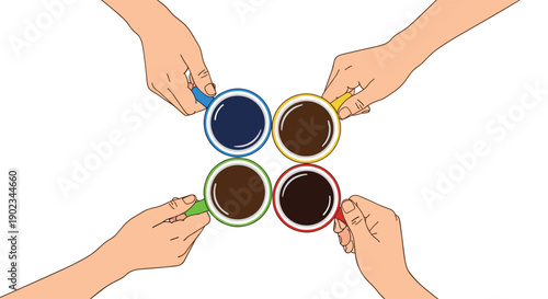 Top View of Four Hands Holding Different Colored Coffee Mugs in a Circle for Teamwork or Social Gathering.