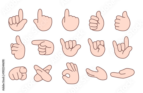 Illustrated hand signs and counting gestures with line art