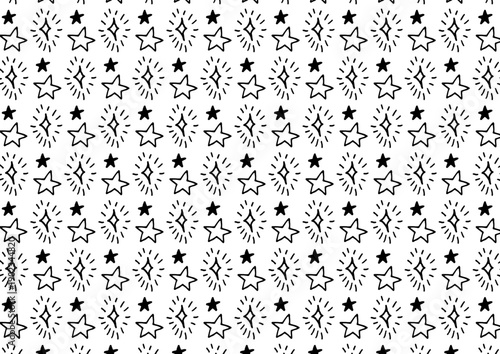 白黒の手描き星イラストパターン背景素材