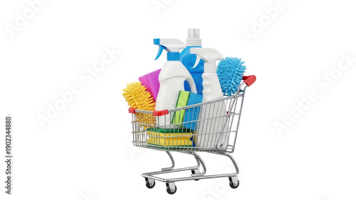 Cleaning supplies in shopping cart, household cleaning products in trolley transparent background