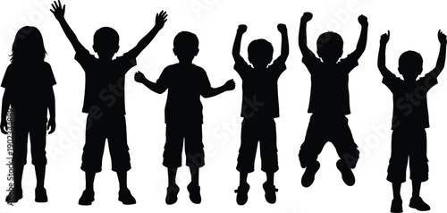 Group of happy diverse children silhouettes jumping and cheering together, joyful kids celebrating success, childhood friendship and play on white background.