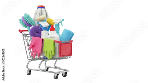 Cleaning supplies in shopping cart, household cleaning products and tools transparent background