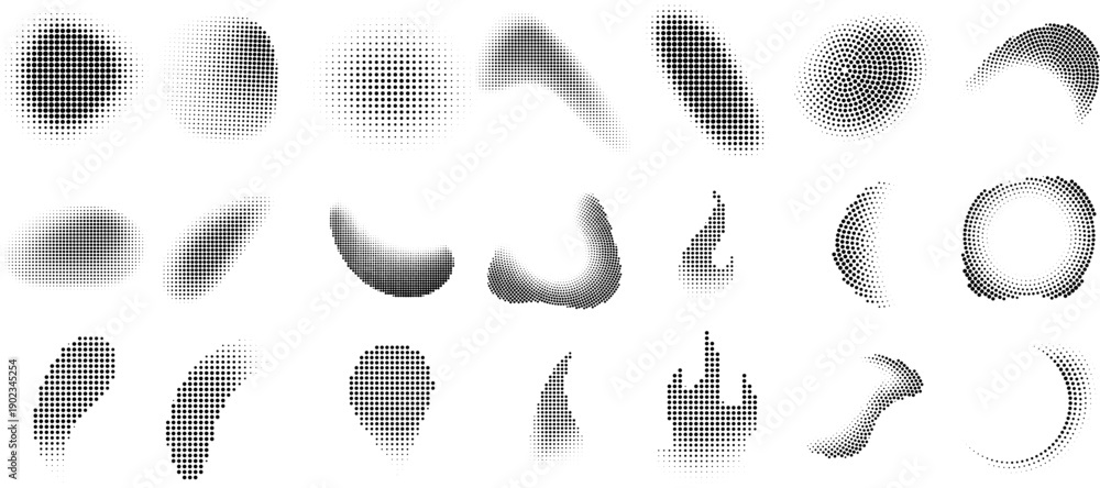 Fototapeta premium Halftone Abstract Shape Collection – Wavy Gradient Dotted Pattern, Smooth Curves, Vector Background Set.