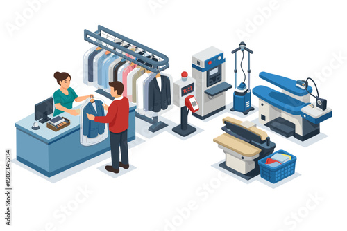 Dry cleaning service with customer dropping off clothes and professional equipment