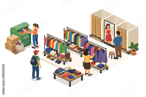 People shopping for clothes and donating items at a retail store with fitting rooms