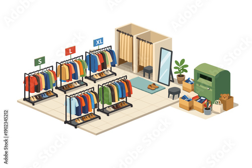 Isometric clothing store interior with racks, fitting rooms, and donation bin