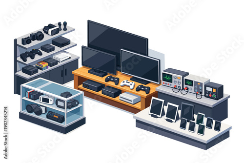 Isometric display of modern electronic devices and gaming consoles in a retail setting