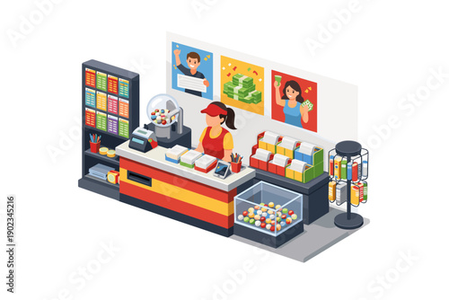 Isometric lottery counter with a cashier and various lottery products displayed