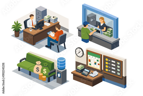 Isometric bank interior scenes showing customer service and financial transactions