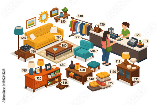 Shopping for second-hand furniture and clothing at a thrift store sale