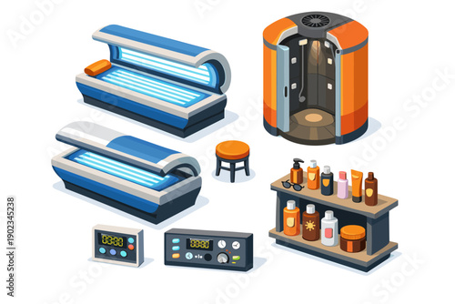 Collection of modern tanning equipment and beauty products for a salon
