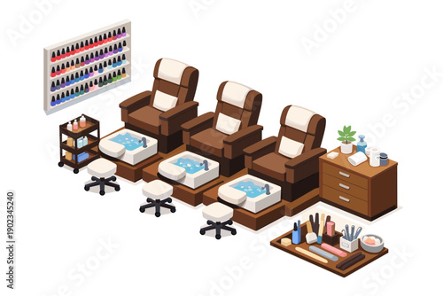 Pedicure chairs and nail polish display in a salon setting, isometric view