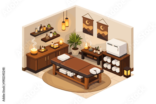 Cozy isometric spa room with massage table, aromatherapy, and clean towels ready for relaxation