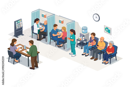 Diverse group of people receiving vaccinations in a modern clinic setting