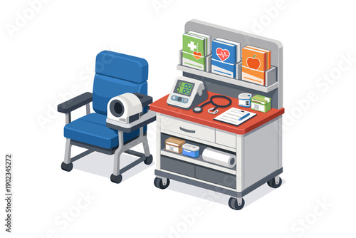 Medical examination chair and equipment cart with vital signs monitor and stethoscope