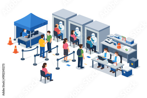 People queuing for COVID-19 testing at a medical facility with social distancing measures