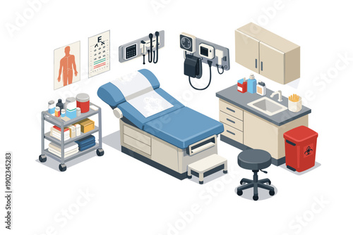 Doctor's examination room with medical equipment and supplies, isometric view