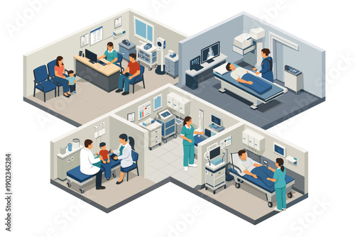 Isometric medical clinic interior showing various patient care and diagnostic areas