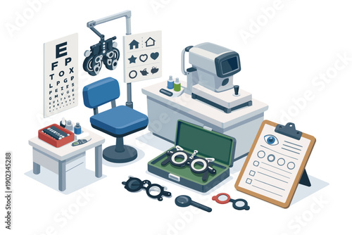 Optometry examination room with eye chart, phoropter, and trial lens set