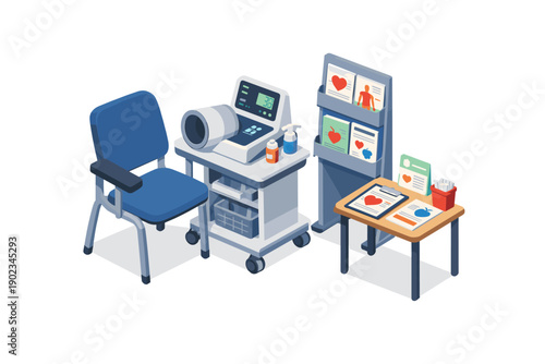 Medical examination room with blood pressure monitor and patient information