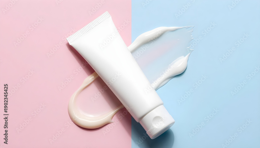 Fototapeta premium Minimalist white cosmetic tube with cream swatches on pastel pink and blue background