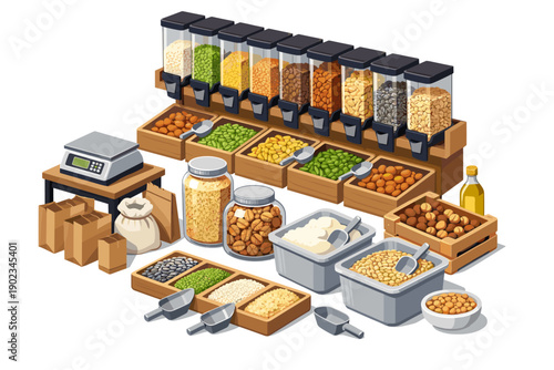 Zero waste store display with bulk bins, jars, and weighing scale for dry goods