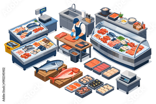 Isometric view of a bustling fish market with fresh seafood displayed and a fishmonger at work