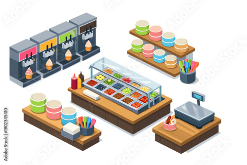 Isometric view of a dessert shop with ice cream machines and toppings bar