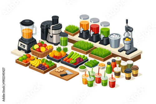 Juice bar setup with fresh fruits, vegetables, and juicing equipment