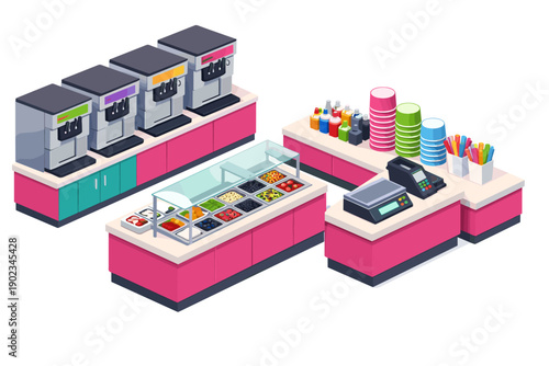 Isometric view of a frozen yogurt shop counter with toppings, dispensers, and payment station